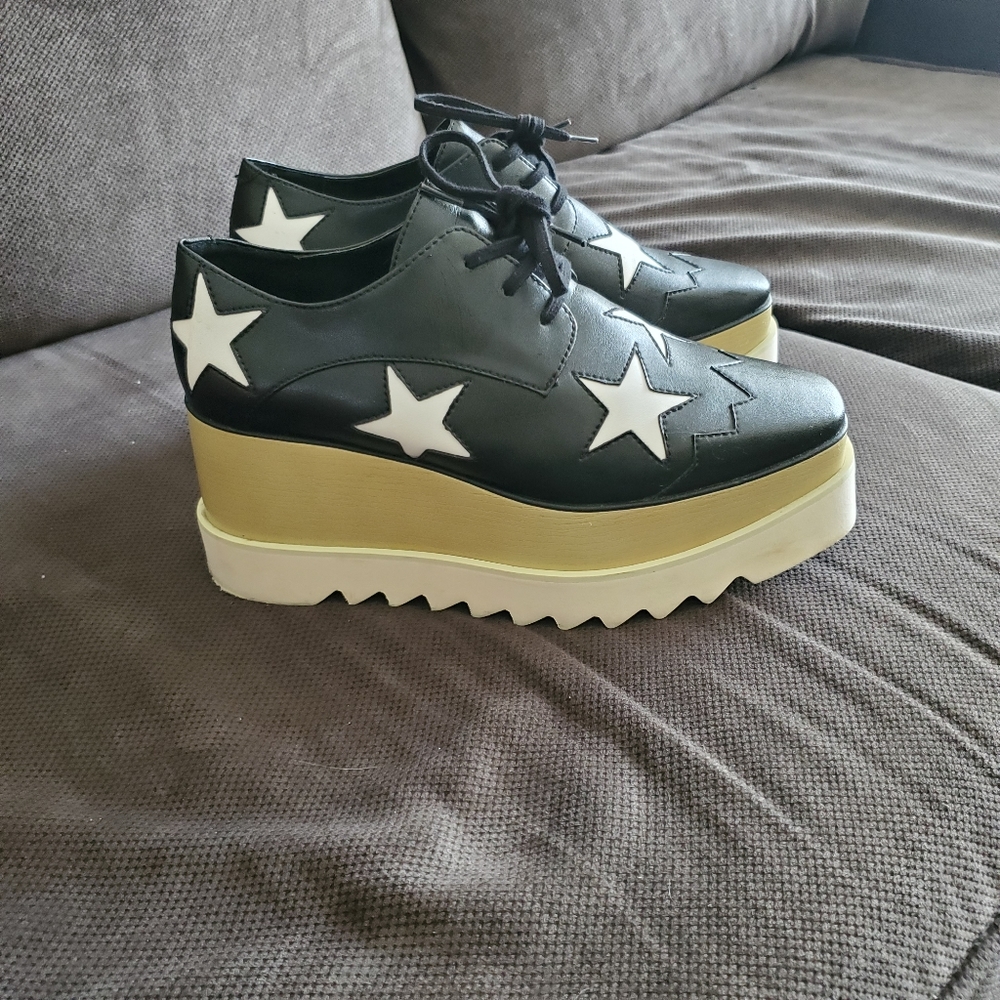 "Stella mccartney" black and white star platforms